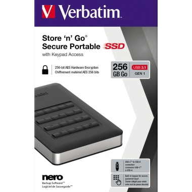 Verbatim Festplatte extern Store 'n' Go Secure Portable 123,5 x 11 x 76 mm (B x H x T) USB 3.1 GEN 1 (USB-C) 256 Gbyte