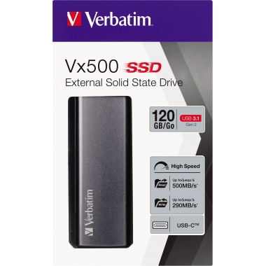 Verbatim Festplatte extern Vx500 92 x 9 x 29 mm (B x H x T) USB 3.1 GEN 2 120 Gbyte inkl. USB-C-Kabel, USB-A-Kabel, Nero Backup-Software (nicht mit Mac kompatibel), Kurzanleitung