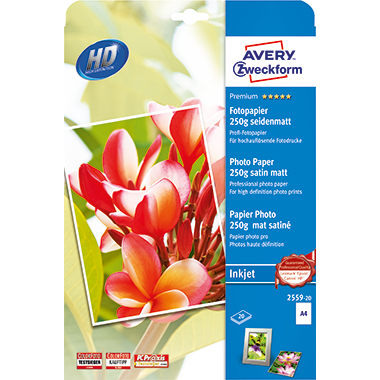 Avery Zweckform Fotopapier Premium DIN A4 21 x 29,7 cm (B x H) 250g/m² weiß seidenmatt 20 Bl./Pack.