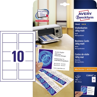 Avery Zweckform Visitenkarte Classic DIN A4 185g/m² weiß 10 Bl./Pack. 100 St./Pack.