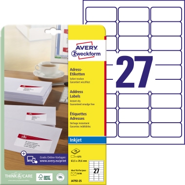 Avery Zweckform Adressetikett 63,5 x 29,6 mm (B x H) Papier weiß 675 Etik./Pack.