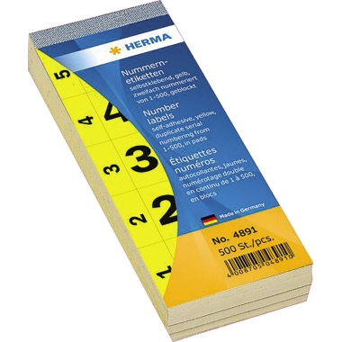 HERMA Nummernetikett 28 x 56 mm (B x H) doppelt Papier gelb 1-500 500 Etik./Pack.