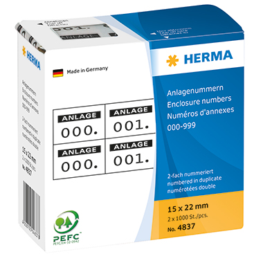 HERMA Nummernetikett 15 x 22 mm (B x H) doppelt Papier weiß Anlage/0-999 1.000 Etik./Pack.