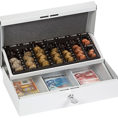 Inkiess Geldkassette Minikord 703 ST 30,5 x 11 x 18,5 cm (B x H x T) 3 Fächer für Banknoten 8 Fächer für Hartgeld mit Schloss Stahl lichtgrau