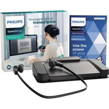 Philips Wiedergabeset LFH7177 USB Windows® universell Philips SpeechExec Transkriptionsoftware 2 Jahres Lizenz, ergonomischer USB-Fußschalter, Stereo-Unterkinn-Kopfhörer