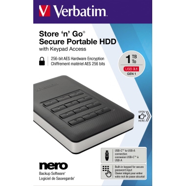 Verbatim Festplatte extern Store 'n' Go Secure Portable 123,5 x 11 x 76 mm (B x H x T) USB 3.1 GEN 1 (USB-C) 1 Tbyte
