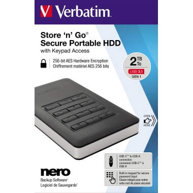 Verbatim Festplatte extern Store `n´ Go Secure Portable 123,5 x 11 x 76 mm (B x H x T) USB 3.1 GEN 1 (USB-C) 2 Tbyte inkl. USB-C/USB-A-Kabel, Adapter USB-A auf USB-C, Schnellstartanleitung
