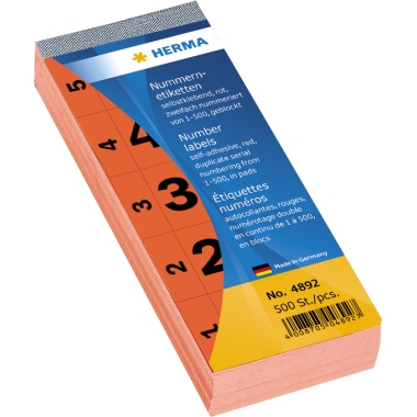 HERMA Nummernetikett 28 x 56 mm (B x H) doppelt Papier rot 1-500 500 Etik./Pack.