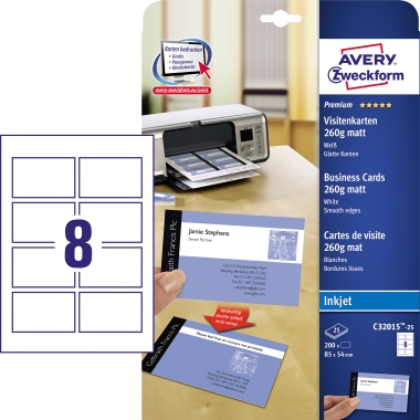 Avery Zweckform Visitenkarte Premium DIN A4 260g/m² weiß 25 Bl./Pack. 200 St./Pack.