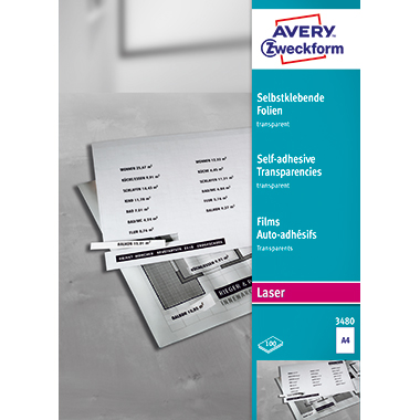 Avery Zweckform Selbstklebefolie DIN A4 140µm stapelverarbeitbar Polyester transparent einseitig beschichtet 100 Folien/Pack.
