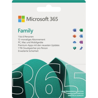 Microsoft Software Office 365 Family Abo-Lizenz 1 Jahr Windows®, Mac universell Excel, Outlook, Powerpoint, Word, Publisher, Access, OneDrive 6 Lizenzen