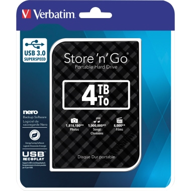 Verbatim Festplatte extern Store 'n' Go 119 x 81 x 14.5 mm (B x H x T) USB 3.0 4 Tbyte inkl. USB 3.0-Kabel, Kurzanleitung, Software-Paket (Backup, Energiesparen, Formatierung, Eraser)