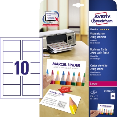 Avery Zweckform Visitenkarte Premium DIN A4 270g/m² ultraweiß 25 Bl./Pack. 250 St./Pack.