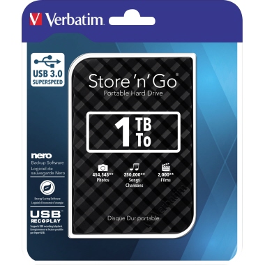 Verbatim Festplatte extern Store 'n' Go 119 x 81 x 14.5 mm (B x H x T) USB 3.0 1 Tbyte inkl. USB 3.0-Kabel, Kurzanleitung, Software-Paket (Backup, Energiesparen, Formatierung, Eraser)